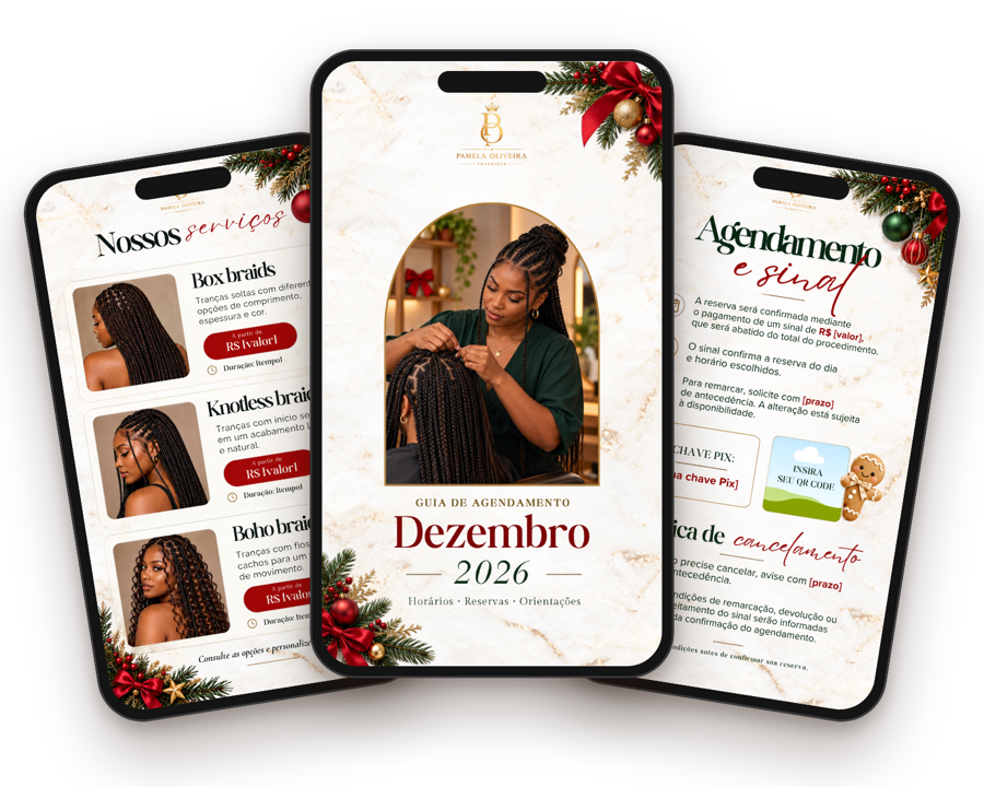 Páginas do Catálogo de Natal para Trancistas no celular: capa, serviços e agendamento com sinal